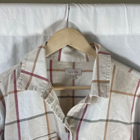 Brixton Bowery Cream/Tan Block Plaid Straight Hem Long Sleeve Flannel Sh… - Picture 4 of 10